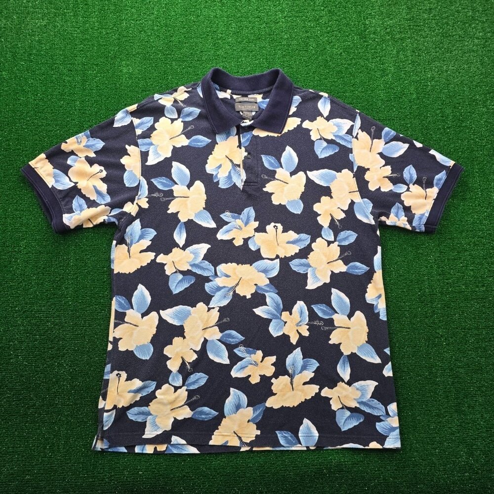 Van Heusen Polo Shirt Mens Large Blue Floral Vintage Luxe Golf Preppy Casual